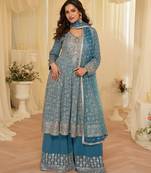 Blue georgette free size stitched suit with embroidery & zarkan work