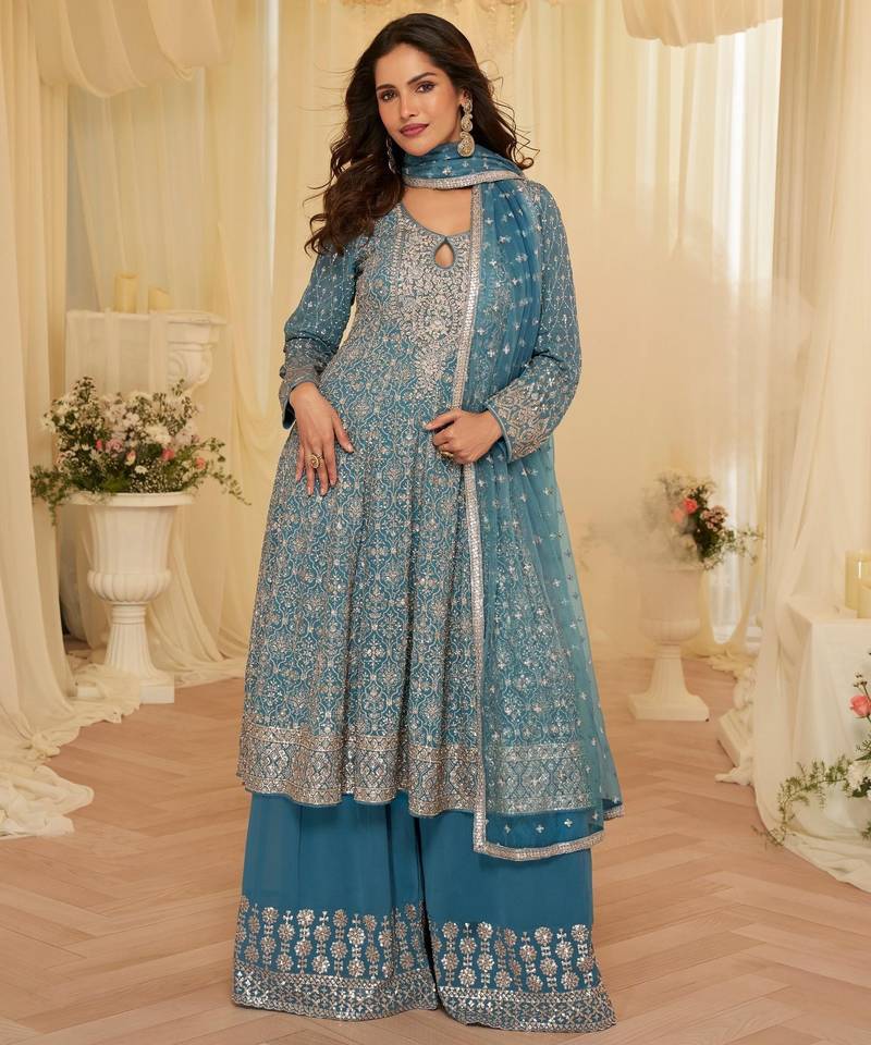 Blue georgette free size stitched suit with embroidery & zarkan work