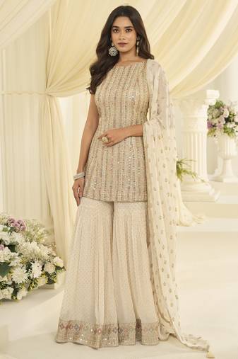 White georgette free size stitched suit with embroidery & zarkan work