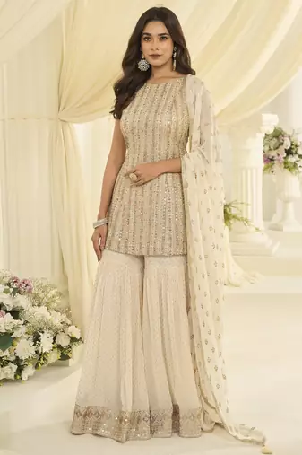 White georgette free size stitched suit with embroidery & zarkan work
