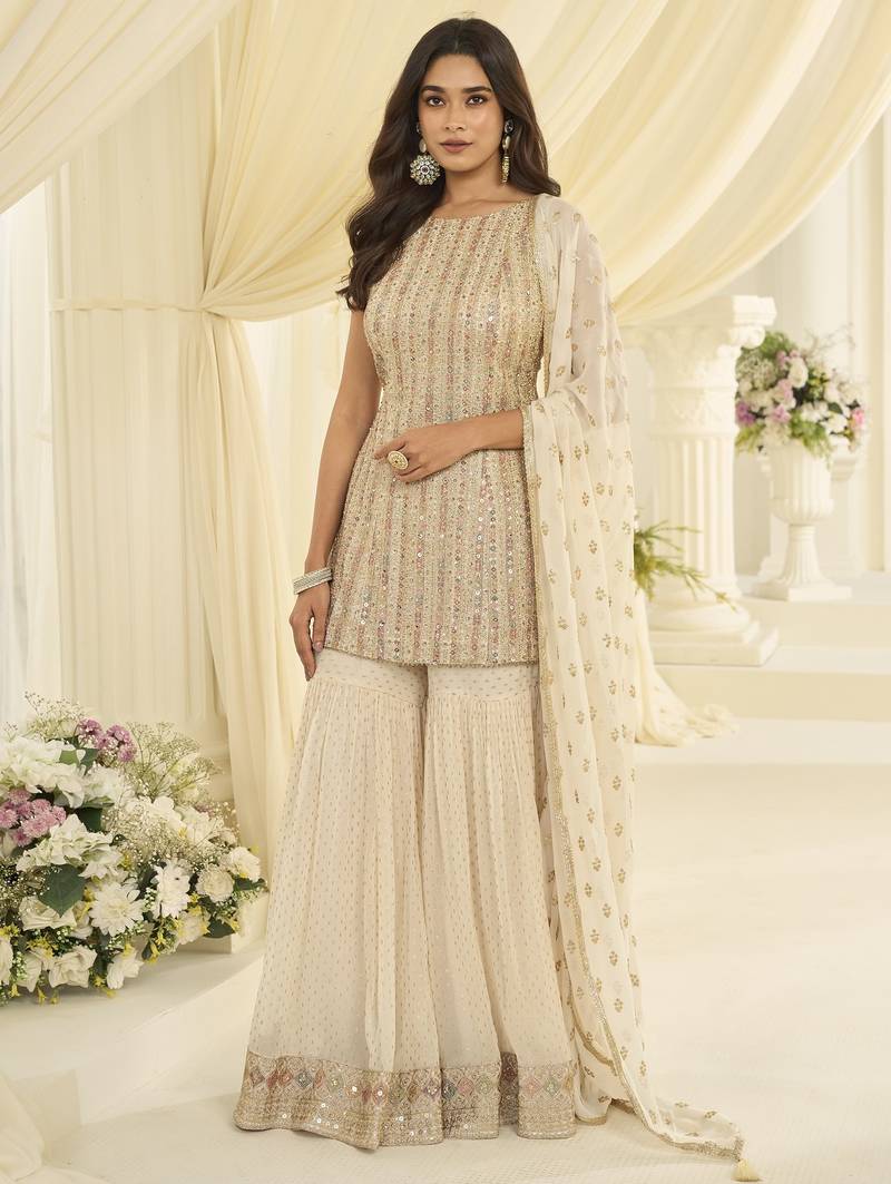 White georgette free size stitched suit with embroidery & zarkan work