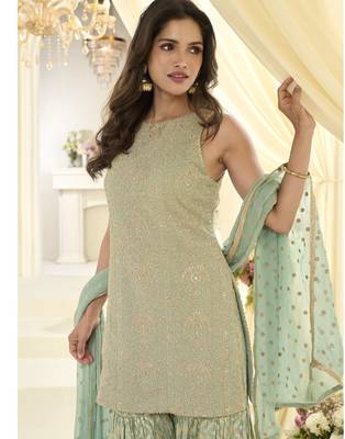 Sea georgette free size stitched suit with embroidery & zarkan work 2