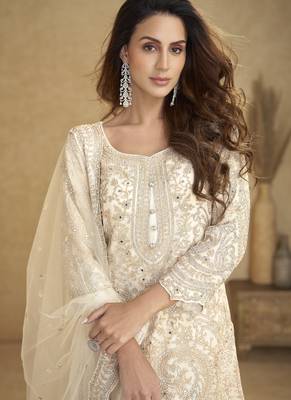 White net free size stitched suit with embroidery & hand work 2