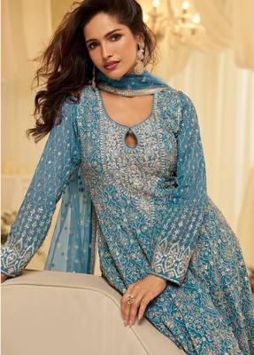 Blue georgette free size stitched suit with embroidery & zarkan work 2