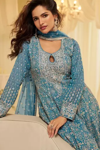 Blue georgette free size stitched suit with embroidery & zarkan work