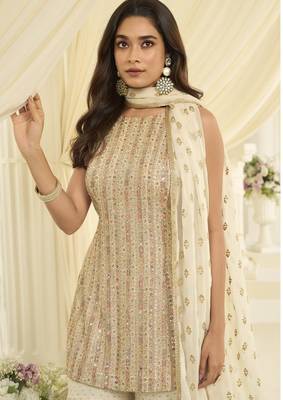 White georgette free size stitched suit with embroidery & zarkan work 2