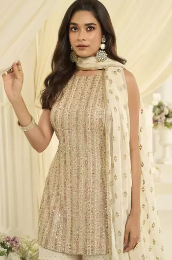 White georgette free size stitched suit with embroidery & zarkan work
