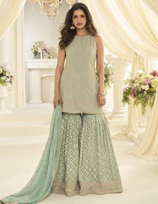 Sea georgette free size stitched suit with embroidery & zarkan work 3