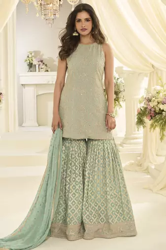 Sea georgette free size stitched suit with embroidery & zarkan work