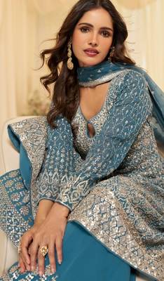 Blue georgette free size stitched suit with embroidery & zarkan work 3