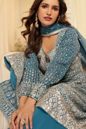 Blue georgette free size stitched suit with embroidery & zarkan work