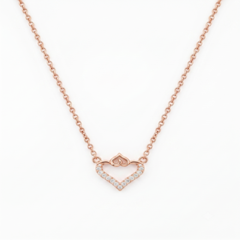 925 Sterling Silver Rose Gold Plated Double Heart Necklace with Cubic Zirconia