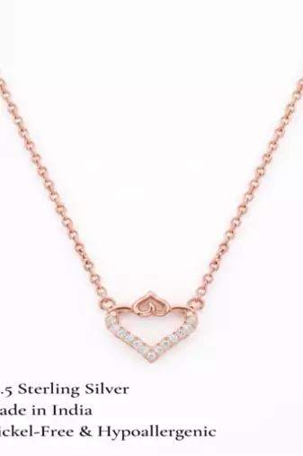 925 Sterling Silver Rose Gold Plated Double Heart Pendant Necklace Set  with Cubic Zircon