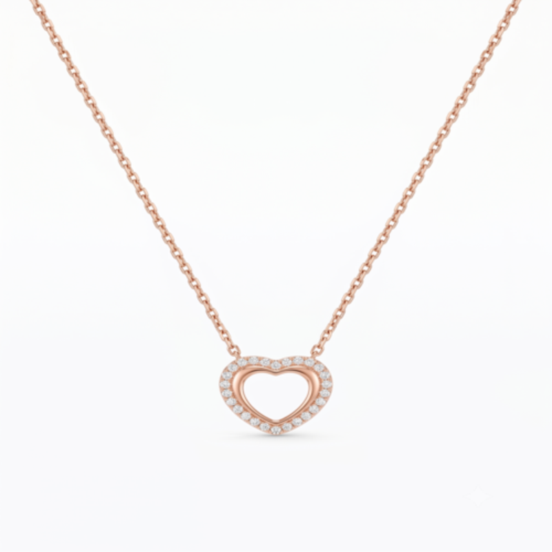 925 Sterling Silver Rose Gold Plated Open Heart Necklace with Cubic Zirconia