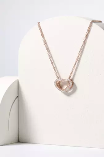 925 Sterling Silver Rose Gold Plated Open Heart Pendant Necklace Set  with Cubic Zircon
