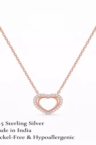925 Sterling Silver Rose Gold Plated Open Heart Pendant Necklace Set  with Cubic Zircon