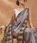 Brown checked  print silk blend regular saree