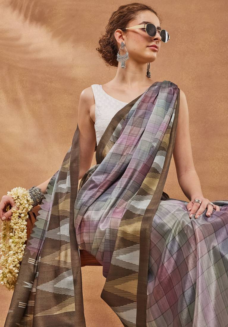 Brown checked  print silk blend regular saree