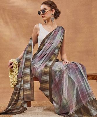 Brown checked  print silk blend regular saree 2