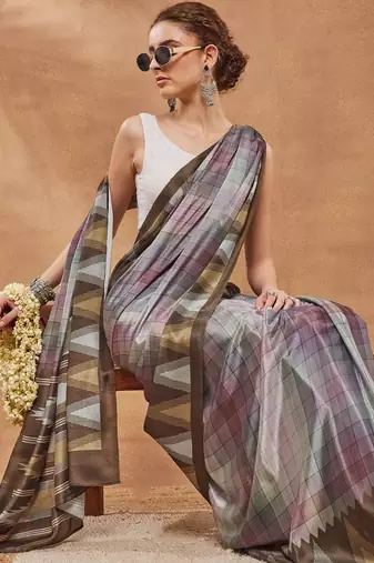 Brown checked  print silk blend regular saree