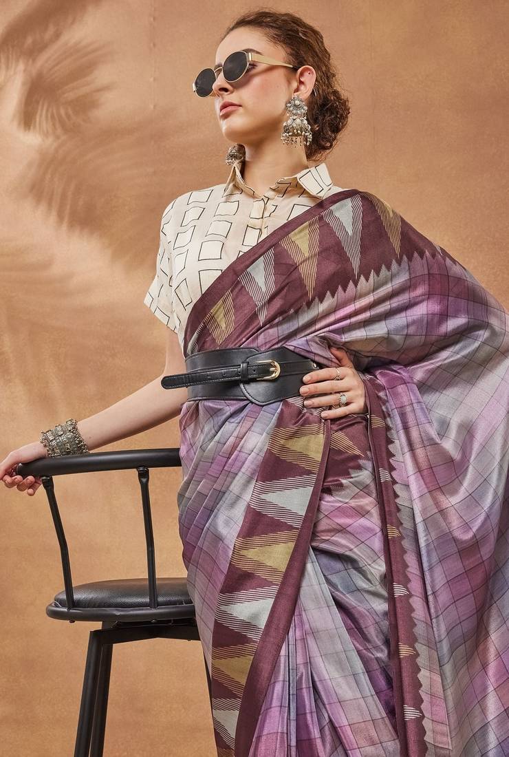 Purple checked  print silk blend regular saree