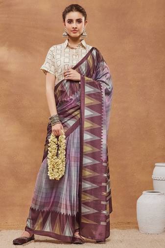 Purple checked  print silk blend ready to wear saree