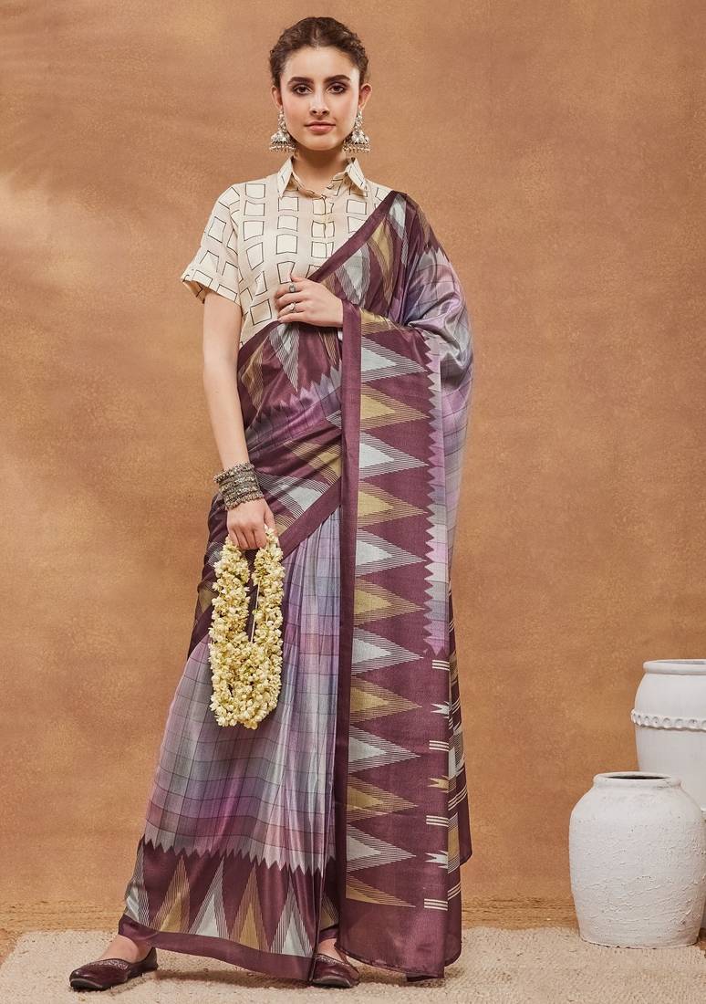 Purple checked  print silk blend ready to wear saree