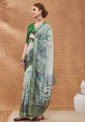 Green floral digital printed regular  saree 3