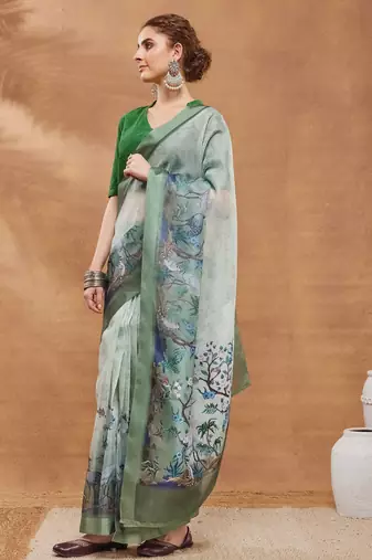Green floral digital printed regular  saree