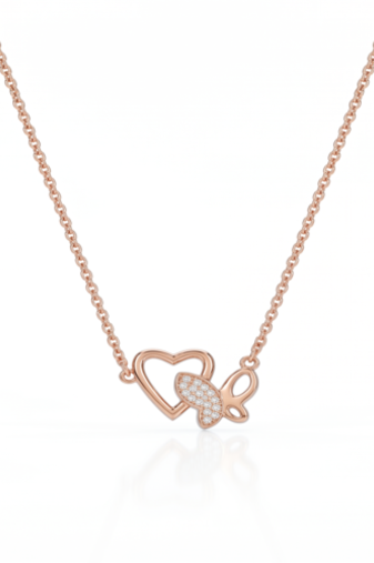 925 Sterling Silver Rose Gold Plated Heart & Butterfly Pendant Necklace Set with Cubic Zircon