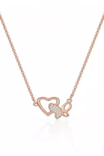 925 Sterling Silver Rose Gold Plated Heart & Butterfly Pendant Necklace Set with Cubic Zircon