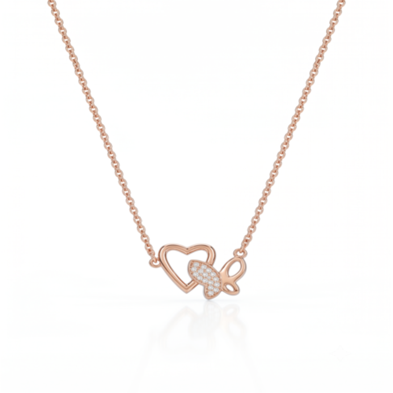 925 Sterling Silver Rose Gold Plated Heart & Butterfly Necklace with Cubic Zirconia