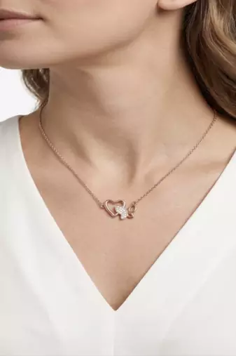 925 Sterling Silver Rose Gold Plated Heart & Butterfly Pendant Necklace Set with Cubic Zircon