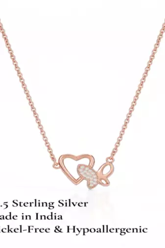 925 Sterling Silver Rose Gold Plated Heart & Butterfly Pendant Necklace Set with Cubic Zircon