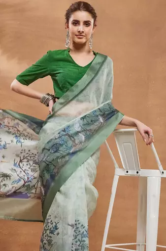 Green floral digital printed regular  saree