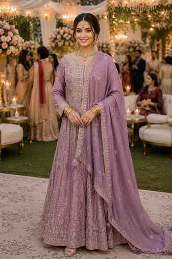 Graceful embroidered lavender chinon silk anarkali gown set with palazzo & dupatta