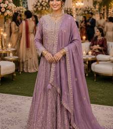 Graceful embroidered lavender chinon silk anarkali gown set with palazzo & dupatta