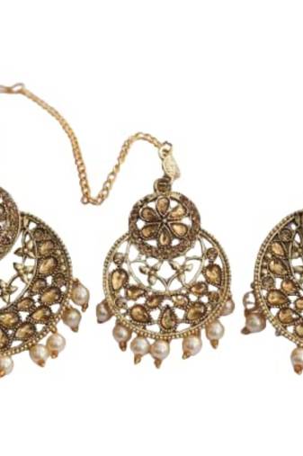 Gold stone and Pearl embellished earrings with Maang Tikka for women