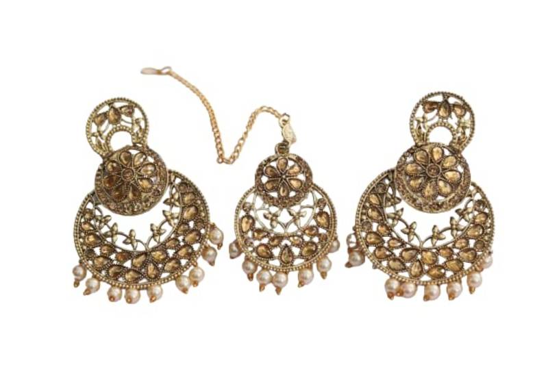gold stone and pearl embellished earrings with maang tikka for women (rf18 7c 3)