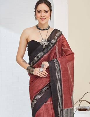 Brown geometric design silk blend ready to wear saree 2