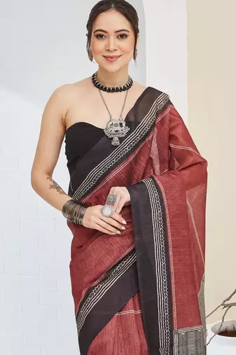 Brown geometric design silk blend ready to wear saree