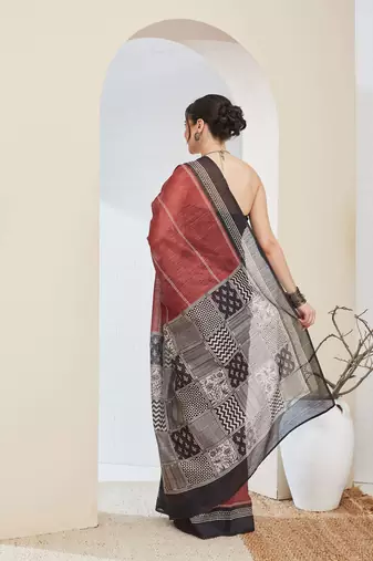 Brown geometric design silk blend ready to wear saree