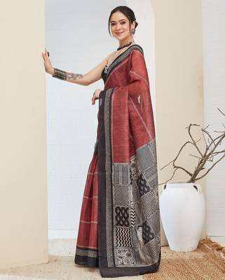 Brown geometric design silk blend ready to wear saree 4