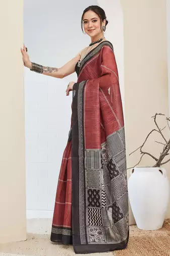 Brown geometric design silk blend ready to wear saree