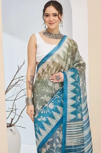Mehndi floral printed silk blend ready to wear saree