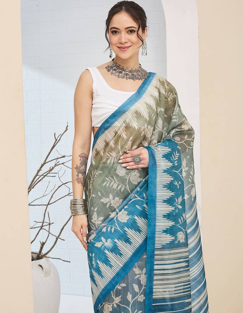 Mehndi floral printed silk blend ready to wear saree