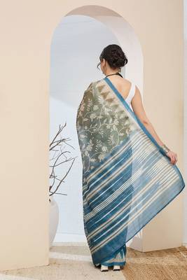 Mehndi floral printed silk blend ready to wear saree 4