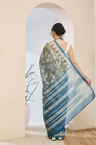 Mehndi floral printed silk blend ready to wear saree