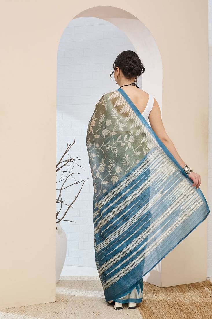 Mehndi floral printed silk blend ready to wear saree
