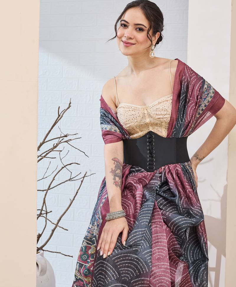Multi kalamkari design silk blend ready to wear saree